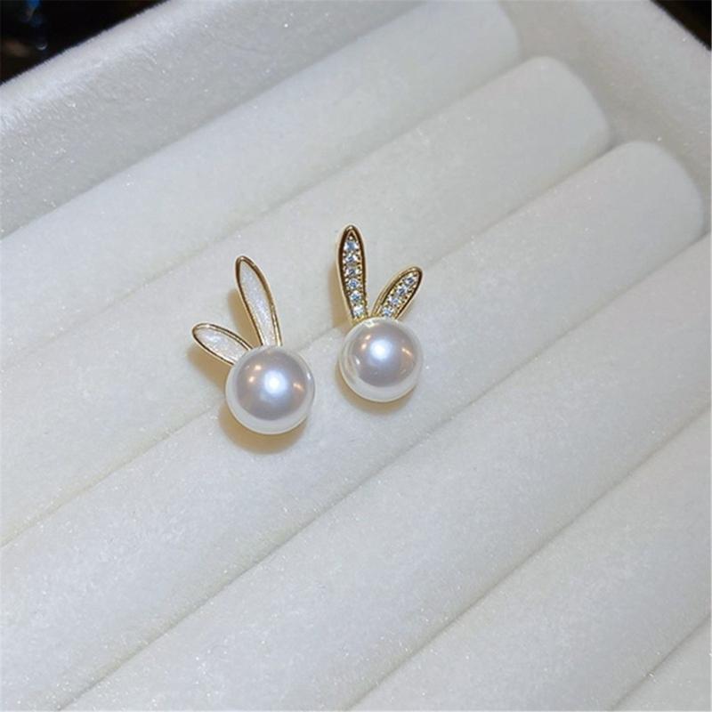 Delicate Floral Rabbit Ears Studs With Imitation Pearls Trendy Easter Jewelry For Women Fashionable Holiday Gift