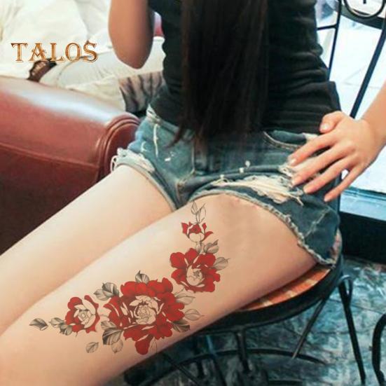 Chinese Floral Temporary Tattoo Sticker Red Flower Waterproof Body Sticker Long Lasting Fake Tattoos Festival Party Skin Art Stickers