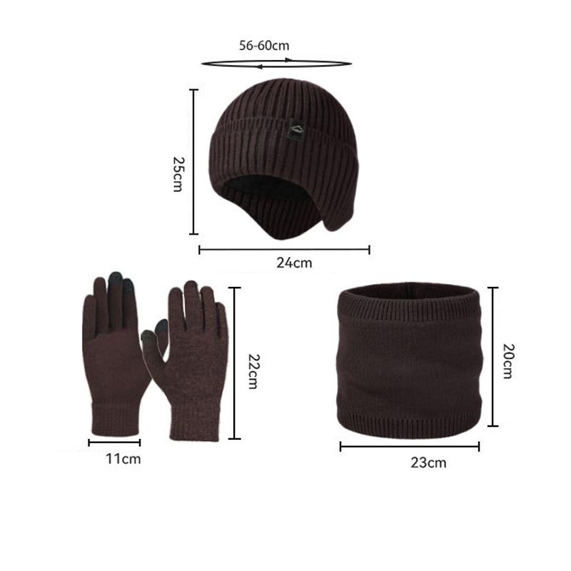 Autumn Winter Warm Suit Men's Velvet Thick Ear Protection Knitted Hat Scarf Gloves Three-Piece Hat Set