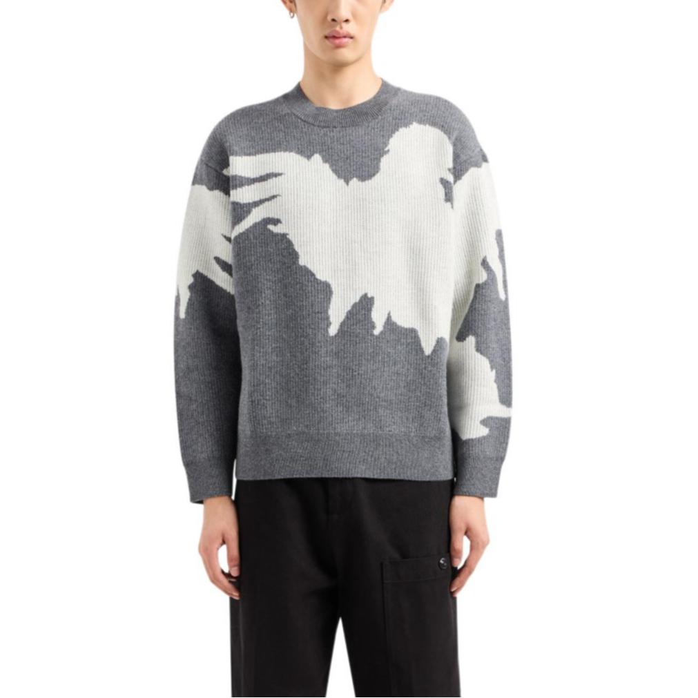 Emporio Armani FW23 Color Block Crew Neck Pullover Knit Sweater Women Sweater Gray White 6R1MXV-1MMEZ-0631