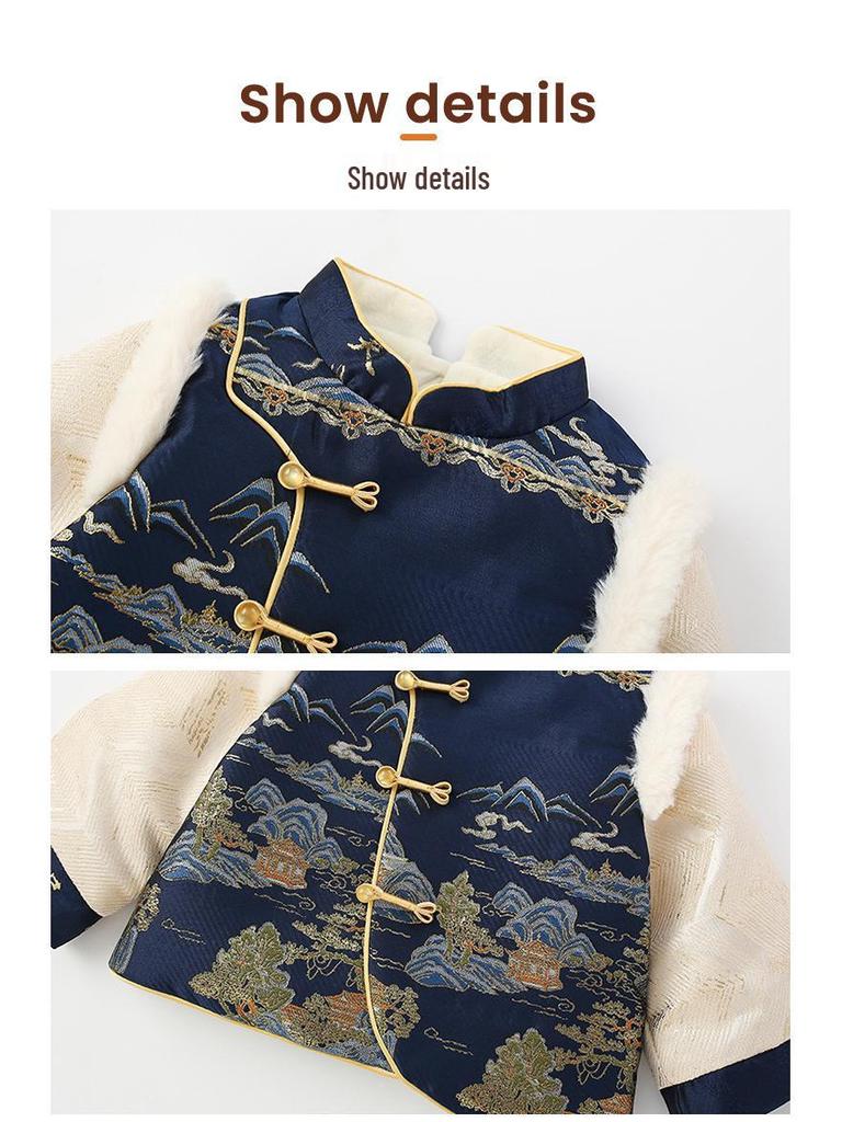 New Boys' Fleece-Lined Tang Suit Three-Piece Set for Autumn & Winter: Chinese Style Baby Outfit.