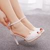 Crystal Queen Women Bride Toe High Heels Wedding Shoes White Lace Stiletto Wristbands Summer Party Sandals Pumps