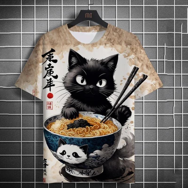 Summer Men's Fashion Casual Print Men's Cat Warrior Guard with Knife Art Print Hooded T-Shirt Round Neck Street T-Shirt Top