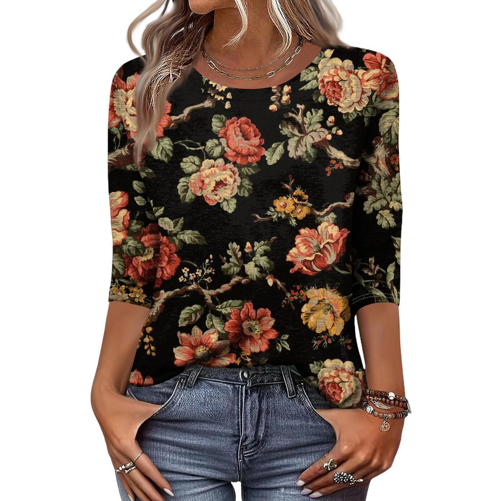 Mote Casual Rund Hals 3/4 Erme Løs Trykket T-skjorte Dame Topp