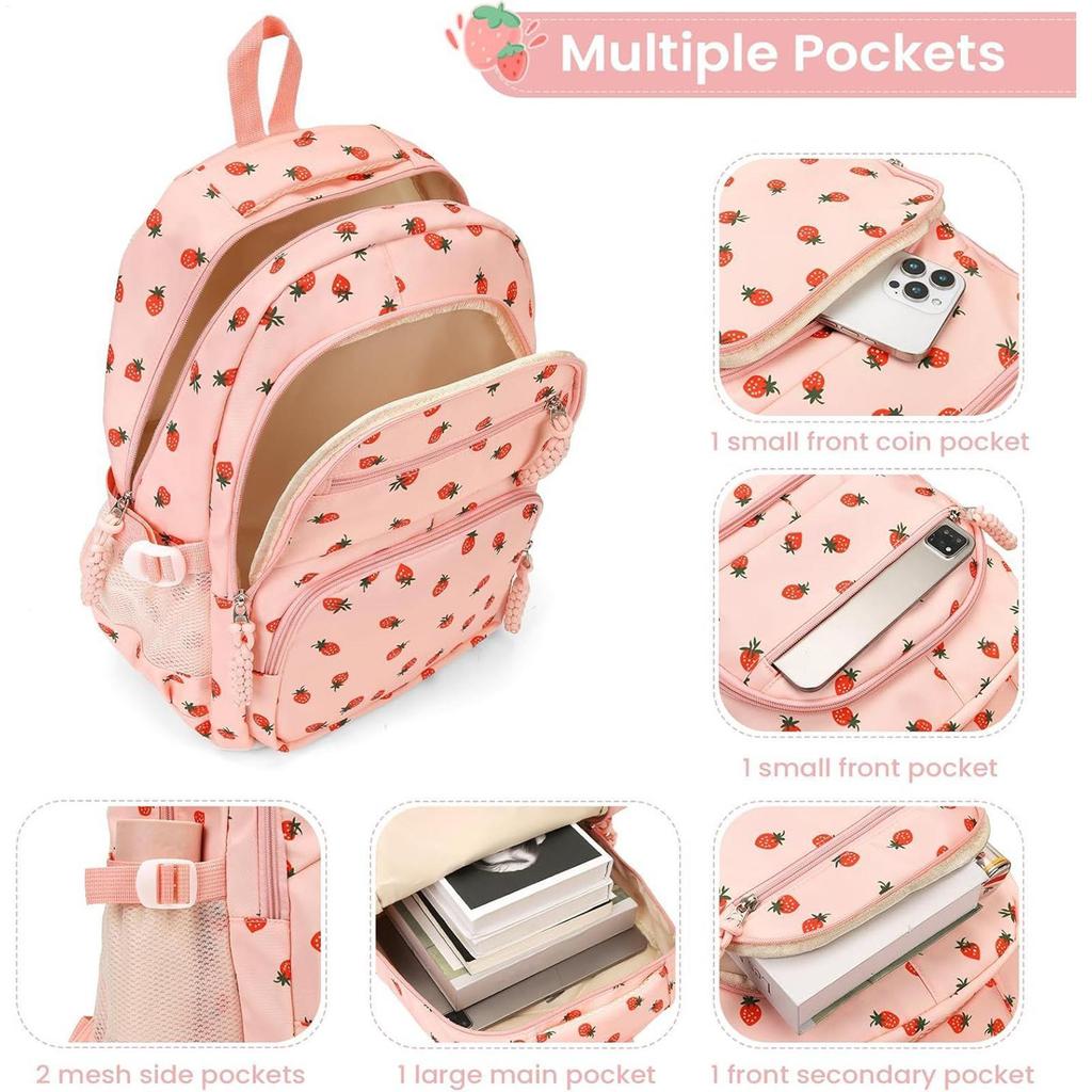 Erdbeer-Rucksack-Set mit Federmäppchen & Umhängetasche - Niedlicher Kinderrucksack für Schule, Ausflüge, Camping & Kindergarten