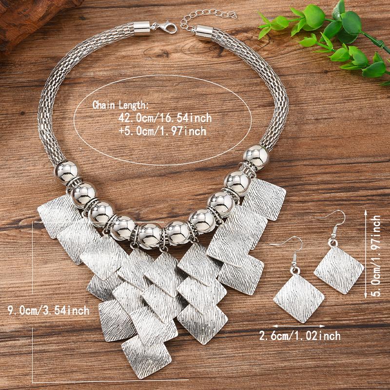 2 PCS European American Fashion Geometric Square Metal Necklace Earring Set Vintage Statement Choker Accessories