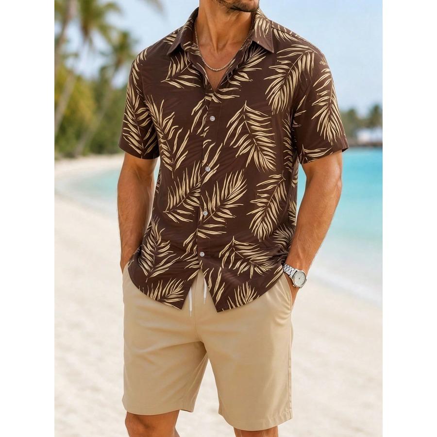 Men's Summer Tropical Flower Hawaiian Shirt, Palm Leaf Print Short-Sleeve Shirt and Shorts Set