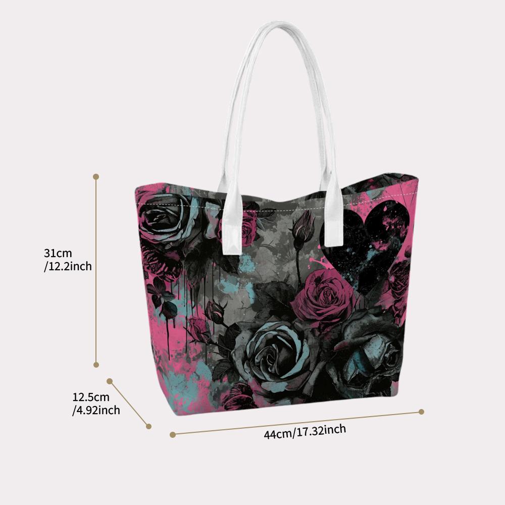 Gothic Rose Heart Pattern Tote Bag Dark Style Aesthetic Daily Shoulder Bag for Women Casual Trendy Lightweight Large Capacity Versatile Handbag