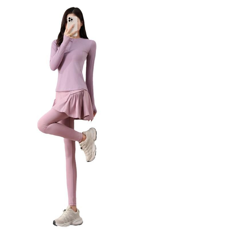 Women's Small Yoga & Fitness Set: Half-Zip Long Sleeve Top, Skirt, and Pants for Spring & Autumn