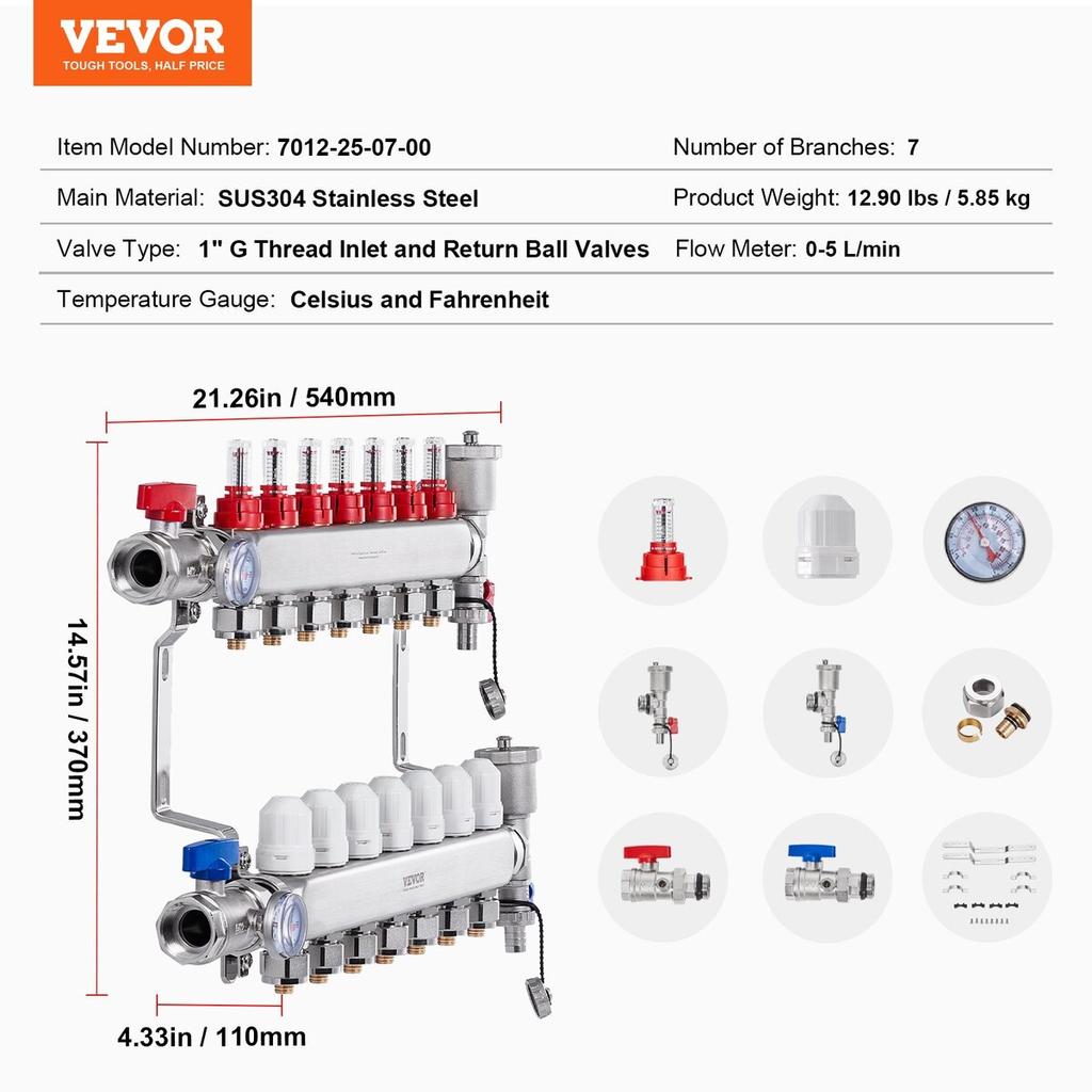 7-Branch Radiant Heat Manifold 1/2" PEX Tubing Floor Heating Manifold Set