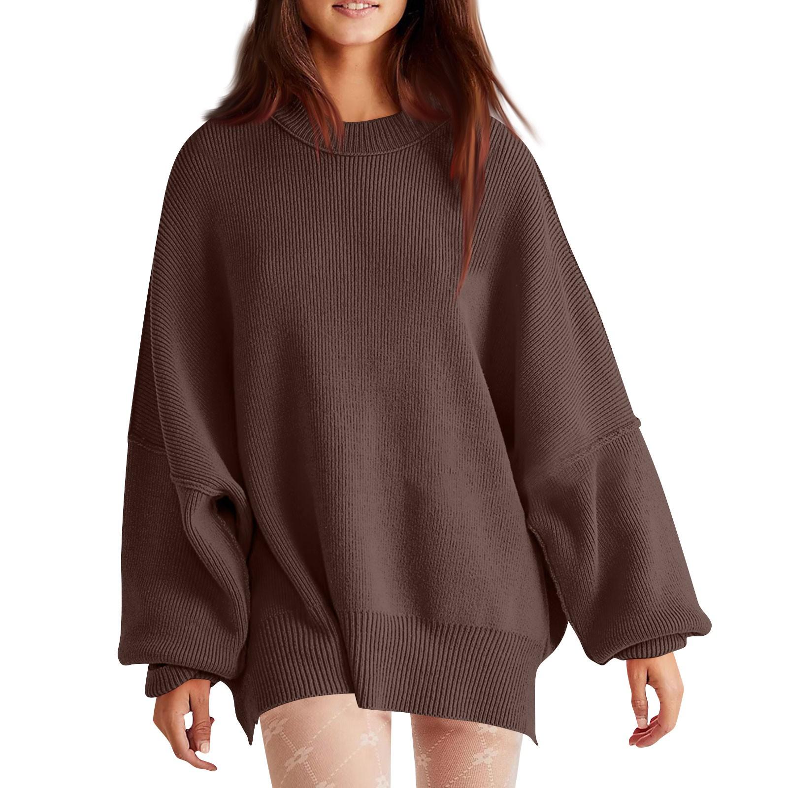 

Женская мода свободный пуловер вязать однотонный свитер с длинными рукавами и круглым вырезом XL кофейный