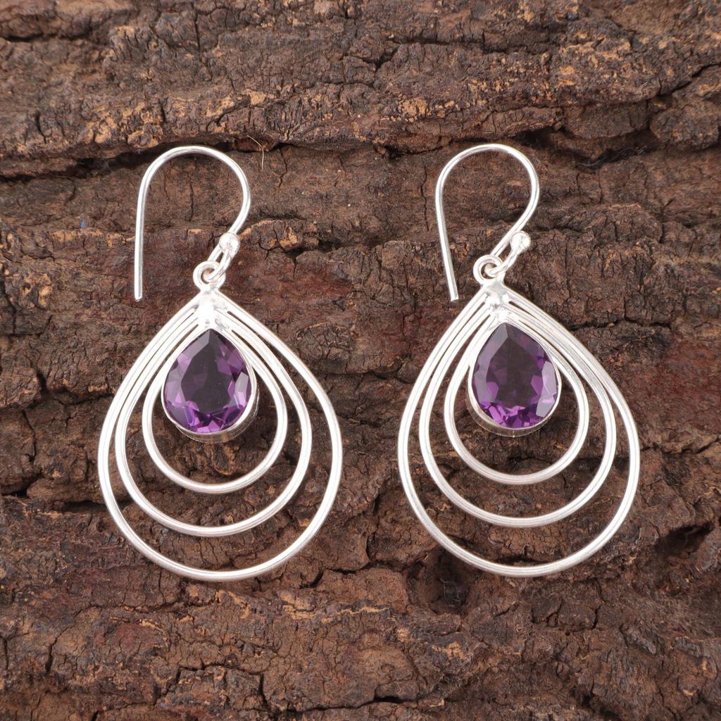 Natural Amethyst Gemstone 925 Sterling Silver Handmade Designer Earrings 1.80" EE-31-6