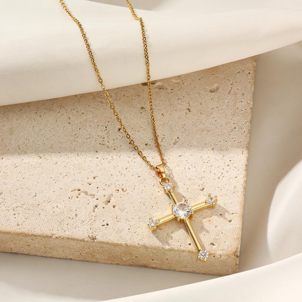 Golden Zirconia Arrow Cross Pendant Necklace, Dainty Jewelry for Women