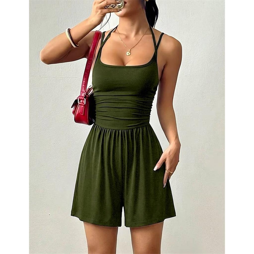 Women's Solid Color Sleeveless Halterneck Suspender Jumpsuit Pleated Waist Shorts