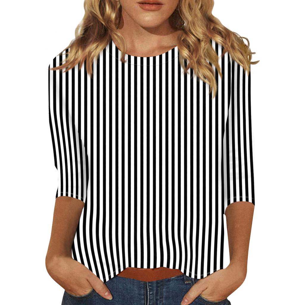 Women's Fashionable Casual Three-Quarter Sleeve Striped Print -Neck T-Shirt Top