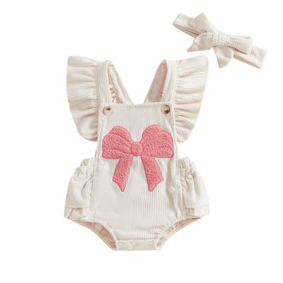 Baby Girl Romper Overalls Casual Bow Embroidery Ruffles Jumpsuit and Headband Set Fashion Clothes Outfits