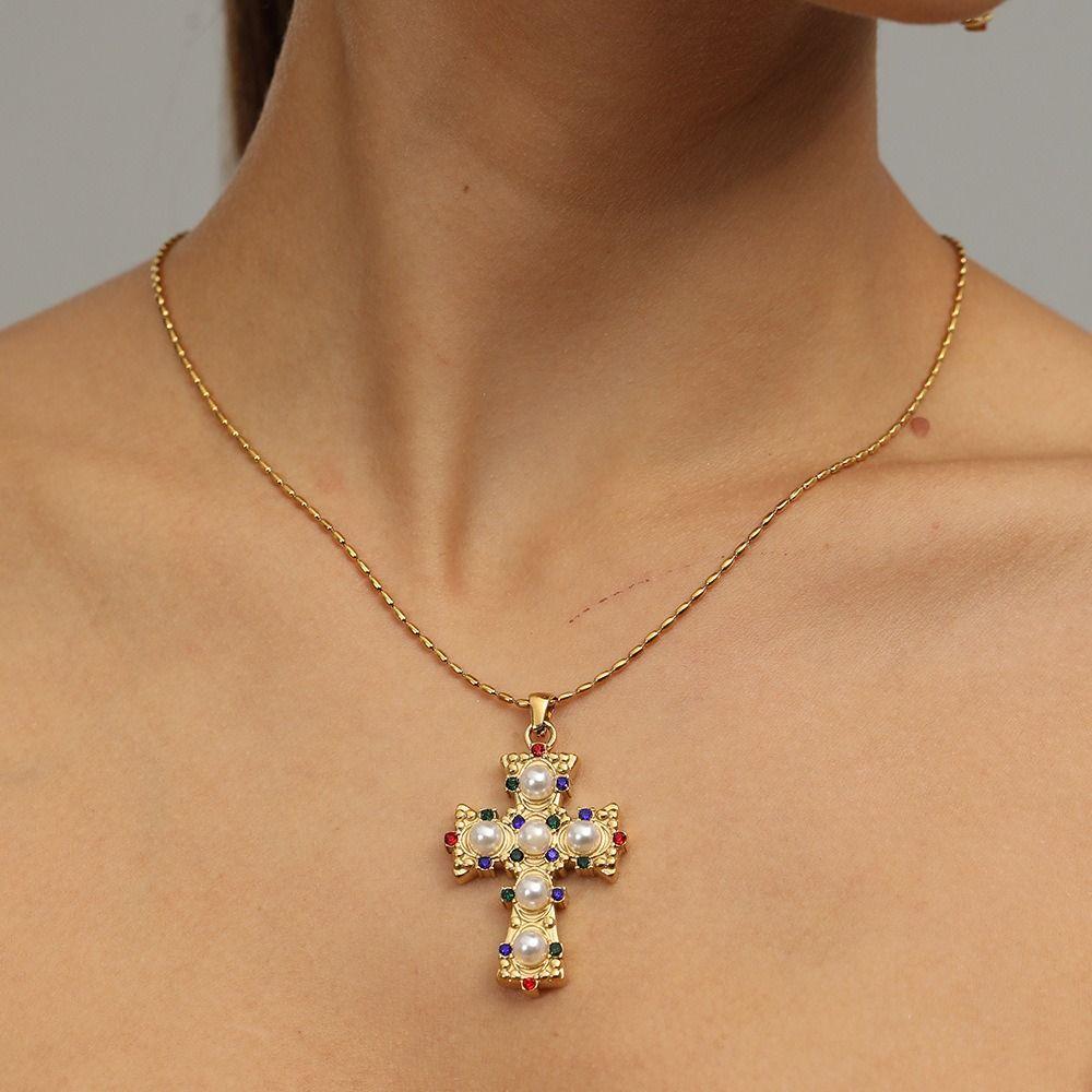 Stainless Steel Cross Pendant Necklace Exquisite Vintage Jewelry Necklace Pearl Necklace  Gift