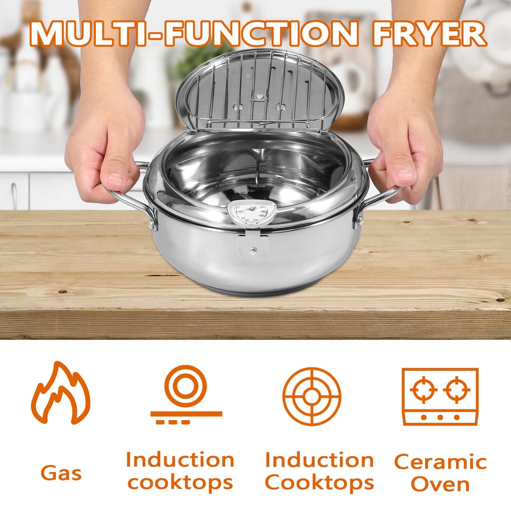 21/24/28 CM Deep Fryer Pot Stainless Steel Oil Pan with Strainer Basket and Thermometer Tempura Oil Fryer for Cooking Kitchen
