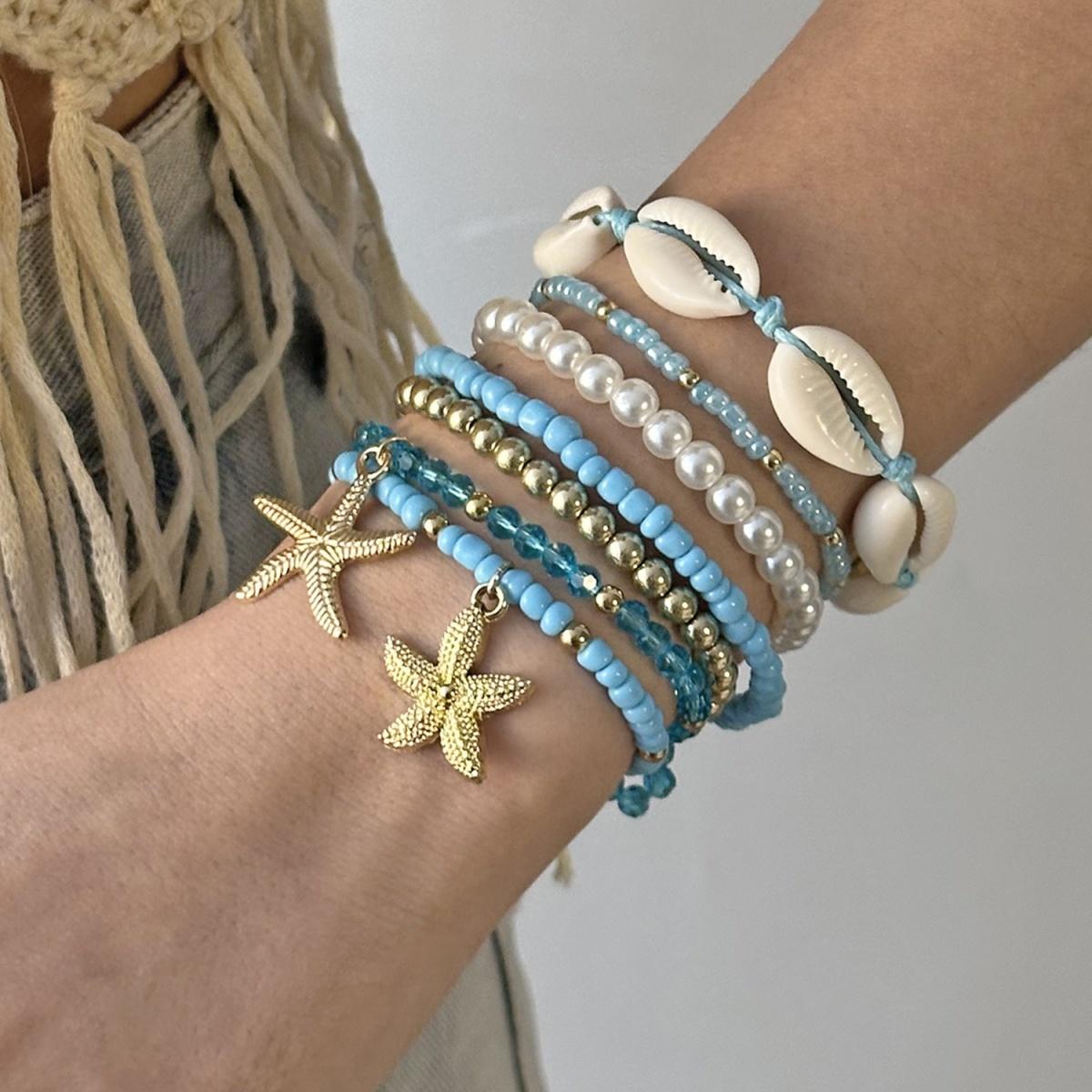 

Multilayer Imitation Pearl Rice Beaded Starfish Tassel Bracelet For Women Men Soft Clay Bead Star Stackable Bangle Beach Jewelry