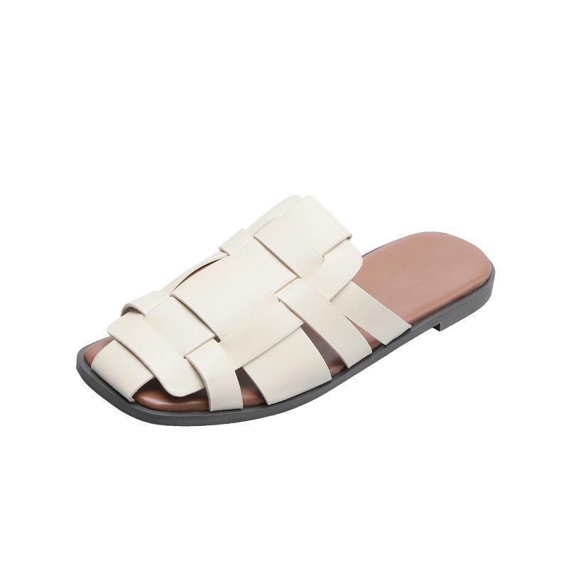 Roman style flat-bottomed slippers 2025 new retro woven straps bag head empty sandals niche soft-soled half slippers