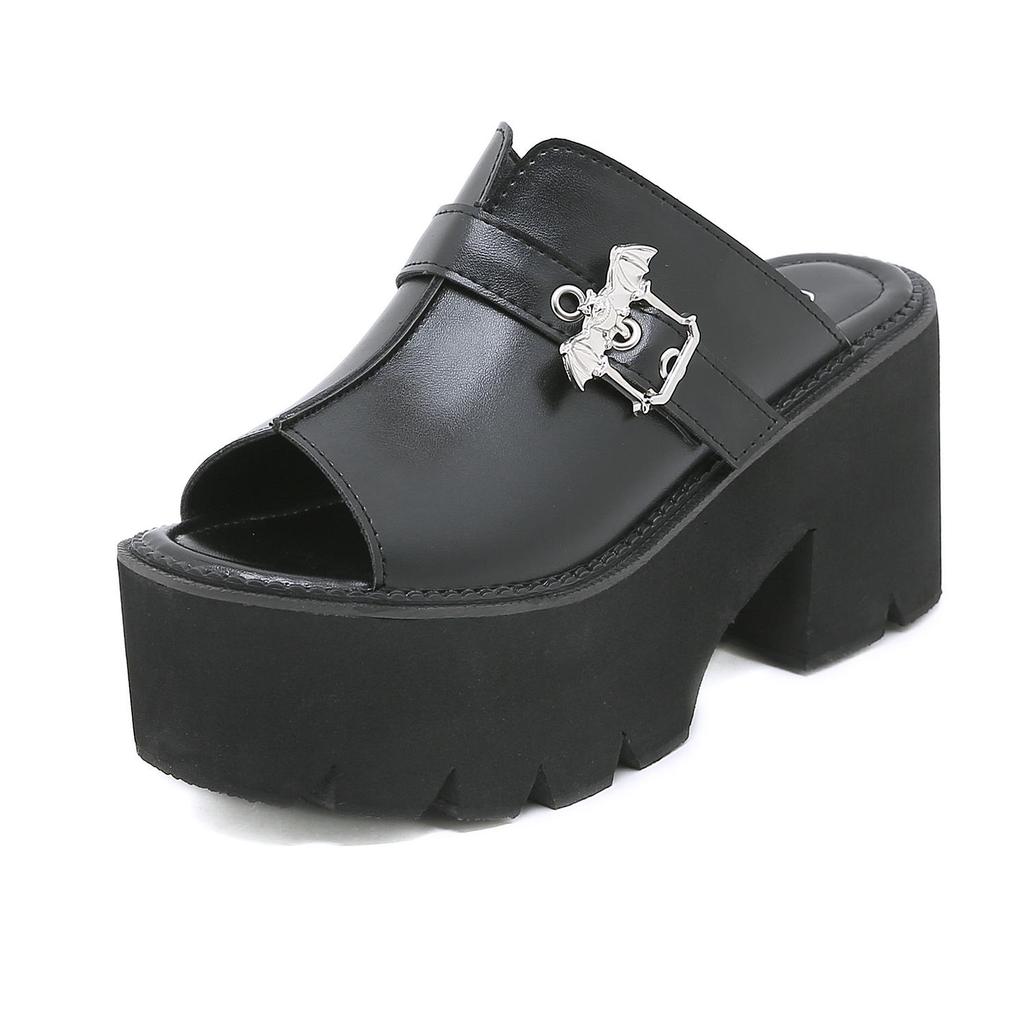 Gdgydh Goth Bat Buckle Mule Sandals for Women Heel Open Toe Thick Platform Summer Shoes Sligbacks Plus Size Black Slip On