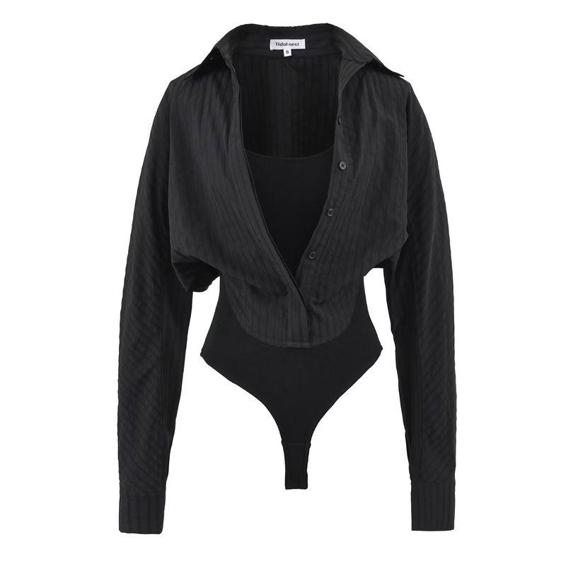 

Za New Fall Women s Clothing 2025 Fashion Wind Fashion Fake Two Pieces One-Piece Shirt High Waist Long Sleeves Tops Black L