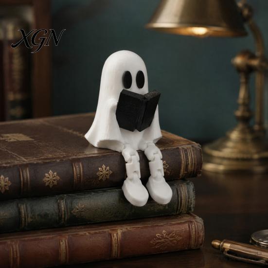 Desktop Ghost Figurine Reading with Articulated Legs, 3D Printed Sitting PLA Ornament Statue, White Desk for Halloween Decoration Miniature Decor