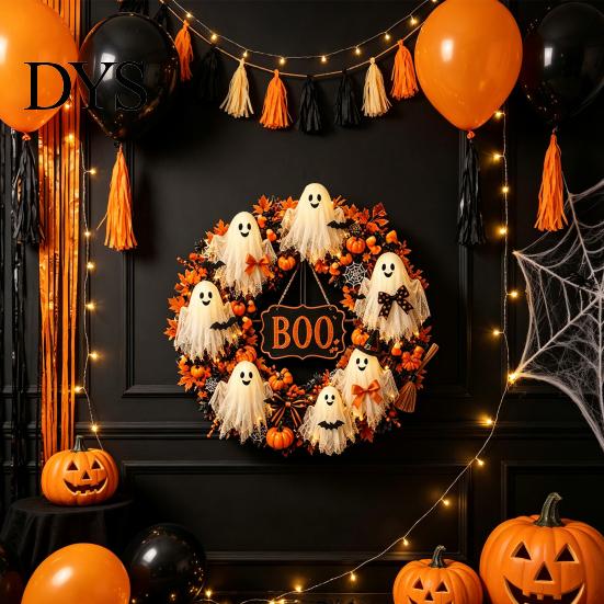 Decorative Fall Wreath Halloween Boo Ghost Wreath, Spooky Door Hanging Decoration with Pumpkins Holiday Home Accents And Spider Webs for Front Porch,