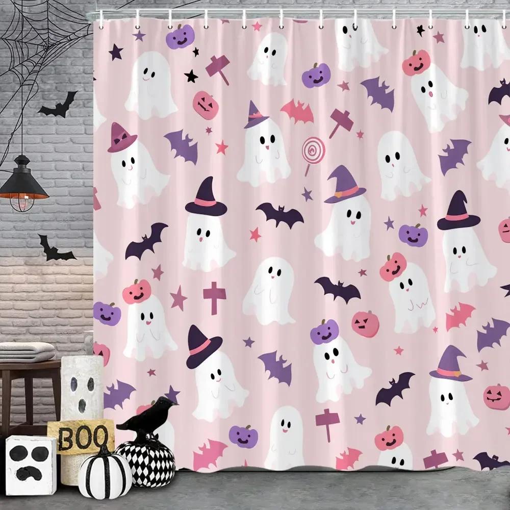 ~O~Pink Cute Halloween Shower Curtain Ghost Pumpkin Bat Skull Polyester Fabric Kids Shower Curtain Girls Bathroom Decor Strap Ho