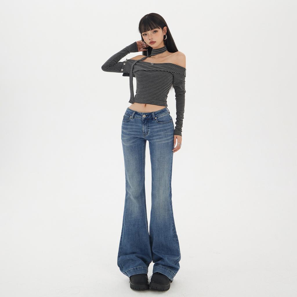 Washed cat whisker low-rise slightly pulled jeans women's early autumn new slim-fitting and thin versatile horseshoe flared pants