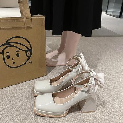 Women's Thick Heel Shoes Fall New Square Head Shallow Mouth After Butterfly Knot Thick Sole Non-slip High Heels
