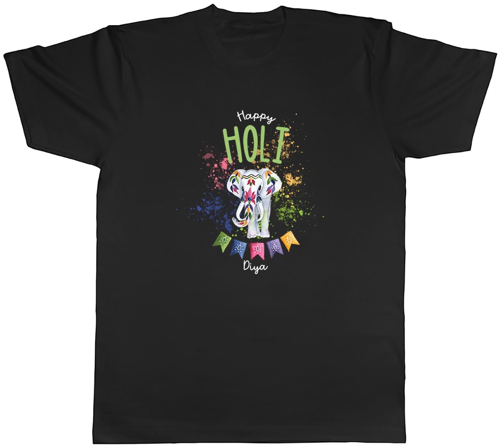 Personalised Happy Holi Watercolour Elephant Mens T-Shirt Tee Gift Top L