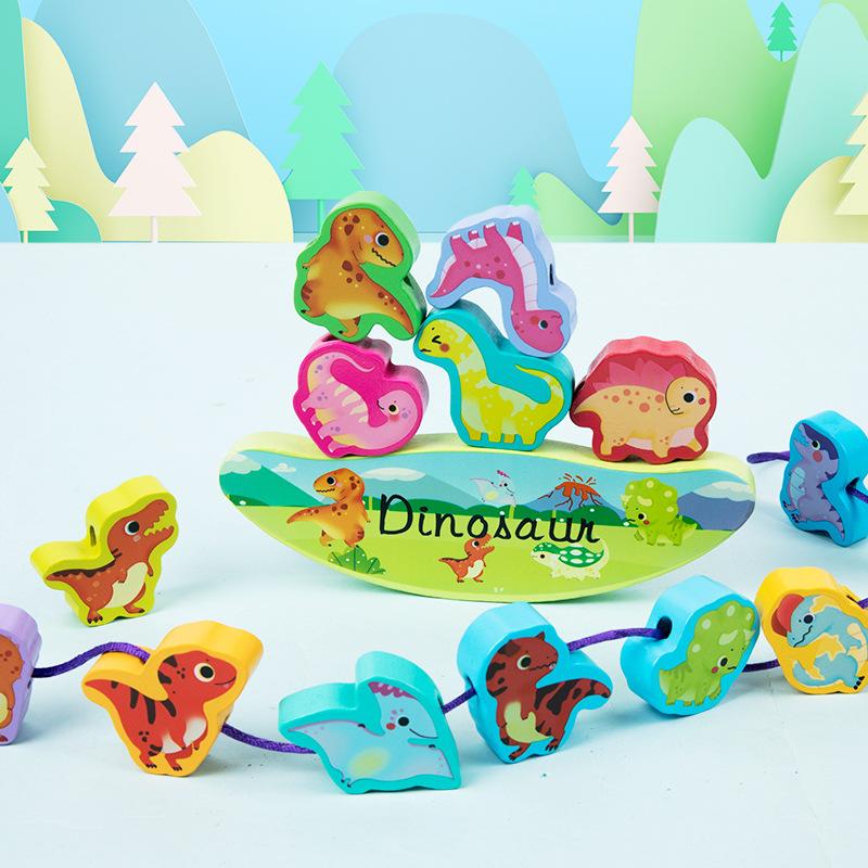 Wooden beaded baby rope stacking high building block large particle stacking music wooden educational balance toy