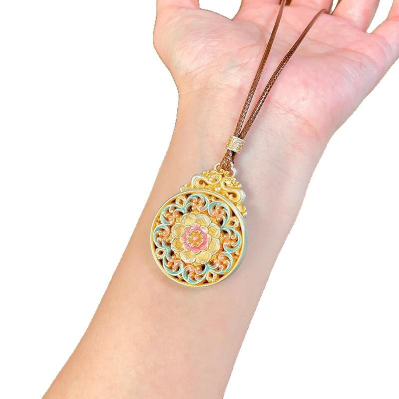 Peace Pendant with Gold-Plated Enamel Peony Flower and Six-Character Mantra, Palace-Style High-End Sweater Chain Long Necklace for Women