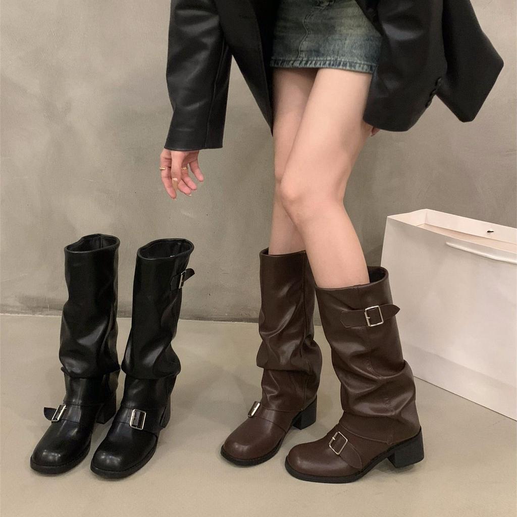 High-heeled Retro Stacking Boots Brown Long Tube Women's Shoes New Autumn and Winter Mid-tube Pants Tube Long Boots
