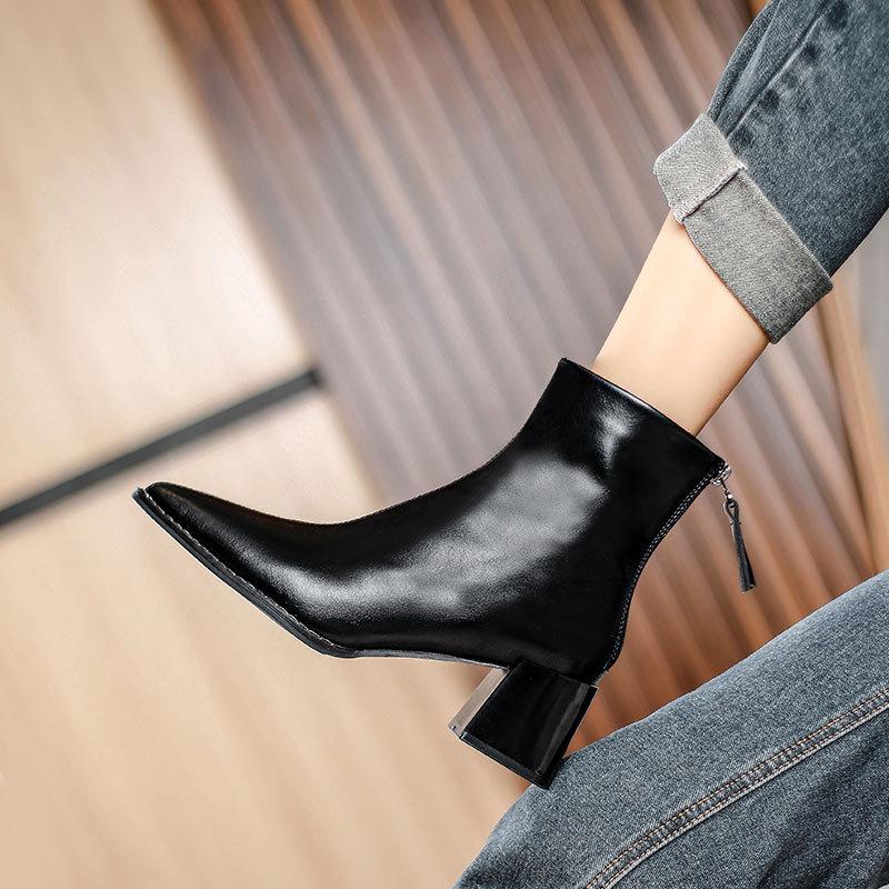 Short Boots Women's Thin High Heels New Women's Boots Medium Tube Pointed Fashion Boots Thick Heel Single Boots
