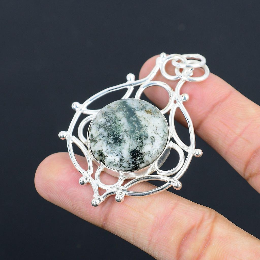 Sterling Silver Tree Agate Stone Mother Engagement Anniversary Pendant Jewelry