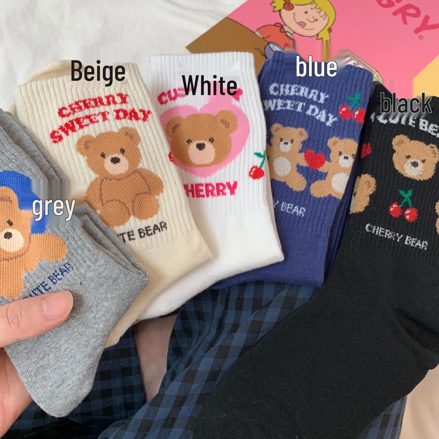 

Носки до середины икры для женщин «Маленький медвежонок» - Корейский стиль, мультяшный узор в стиле JK One Size темно-синий