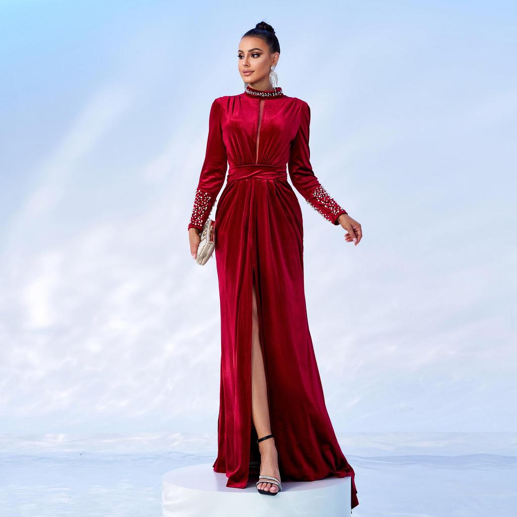 European and American Velvet Round Neck Long-Sleeve Evening Dress