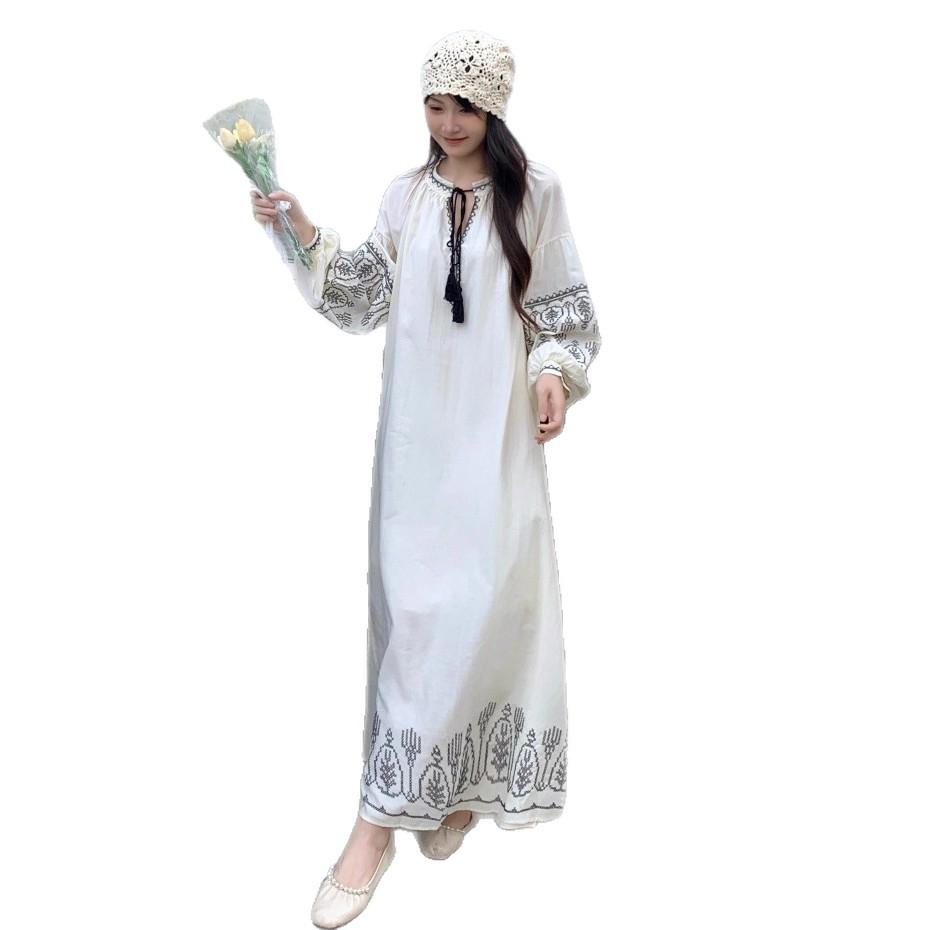 Source Bohemian Vacation Style Temperament Lace-up Round Neck Lantern Sleeve Dress Women's Autumn Embroidery