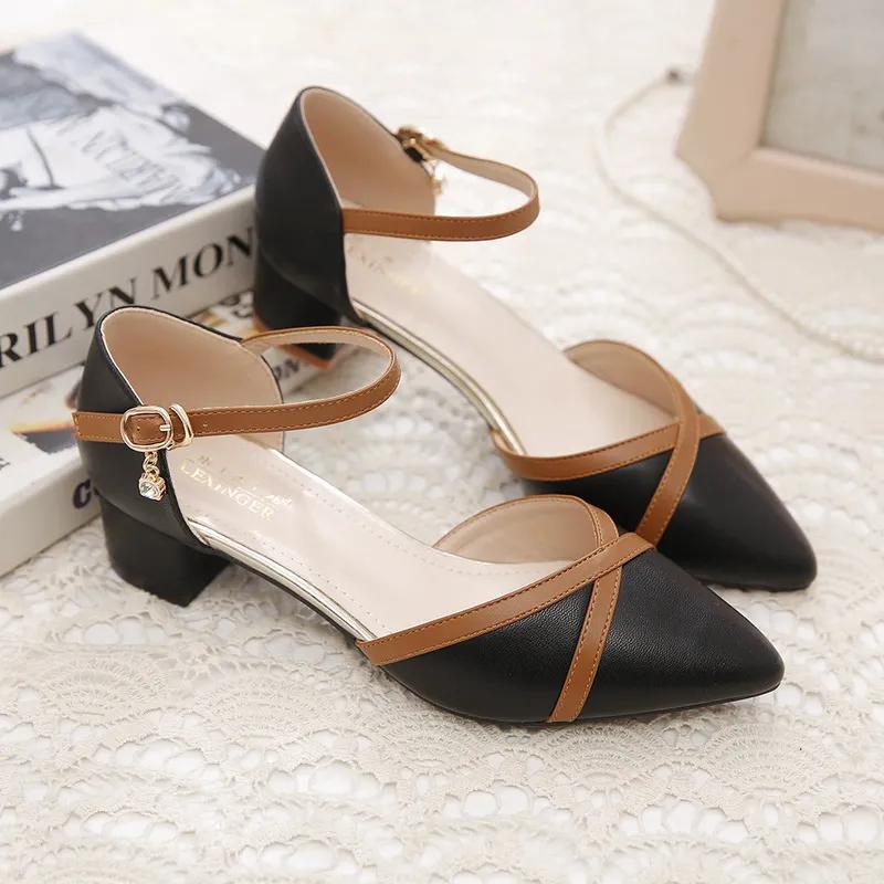 Women Cute Beige High Quality Office Career Square Heel Shoes Lady Sexy Party Elegant Black Buckle Shoes Ga85