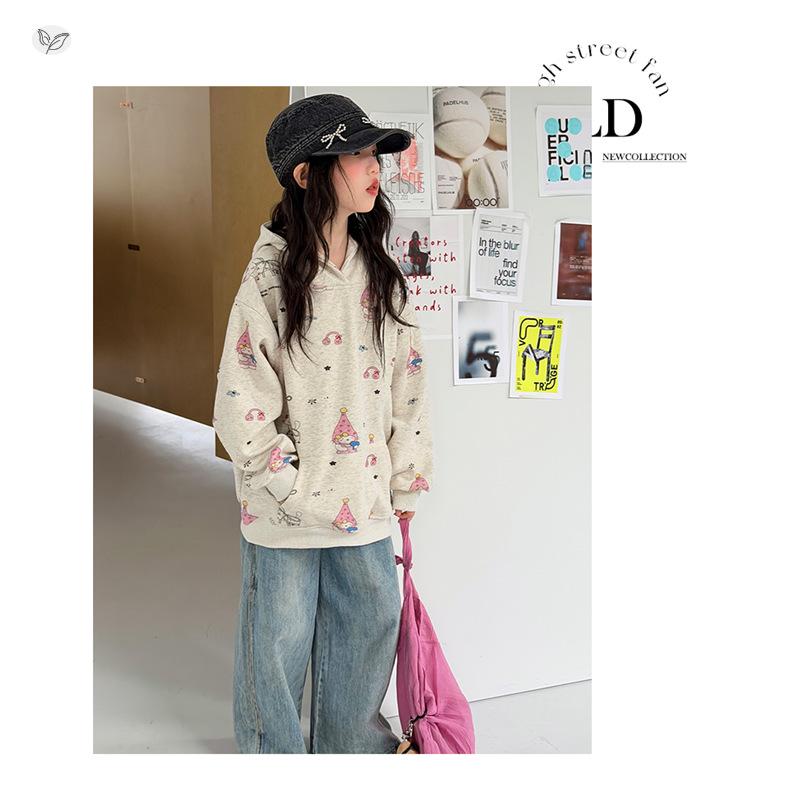 Girls' Cartoon Print Hooded Sweatshirt - Autumn 2026 New Arrival, Cute Loose Fit Pullover for Medium & Large Children, Long Sleeve Top