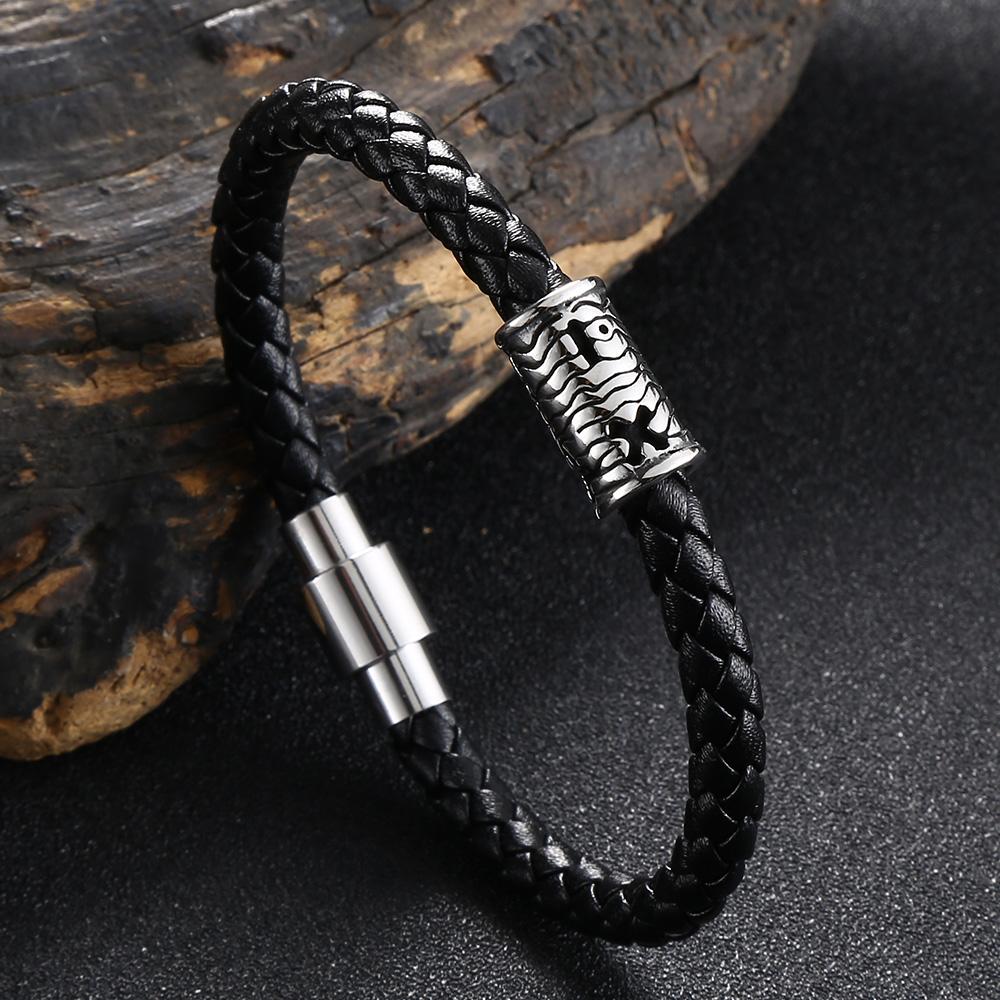 

Chain Bracelet Men Genuine Leather Bracelets Leather Bracelet for Women Male Magnet Stainless Steel Rope Bracelets for Men 165mm чорний
