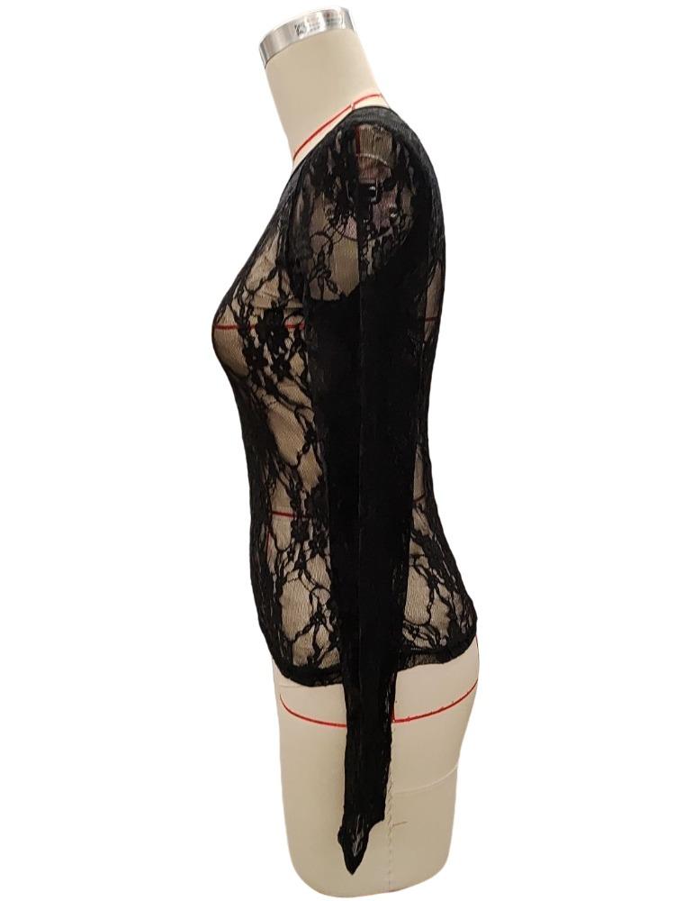 Tricou Elegant cu Dantelă cu Un Singur Strat, Fără Sutiene, Slimming, cu Gât Rotund, cu Mâneci Lungi, Tricouri, Articole de Modă Versatile Esențiale pentru Garderobă, Cămașă