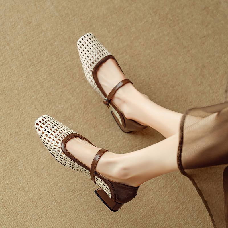 Krazing Pot Cow Skin Weaving Summer Size 41 Low Heels Party Shoes Women Square Toe Gladiator Hollow Out Pumps