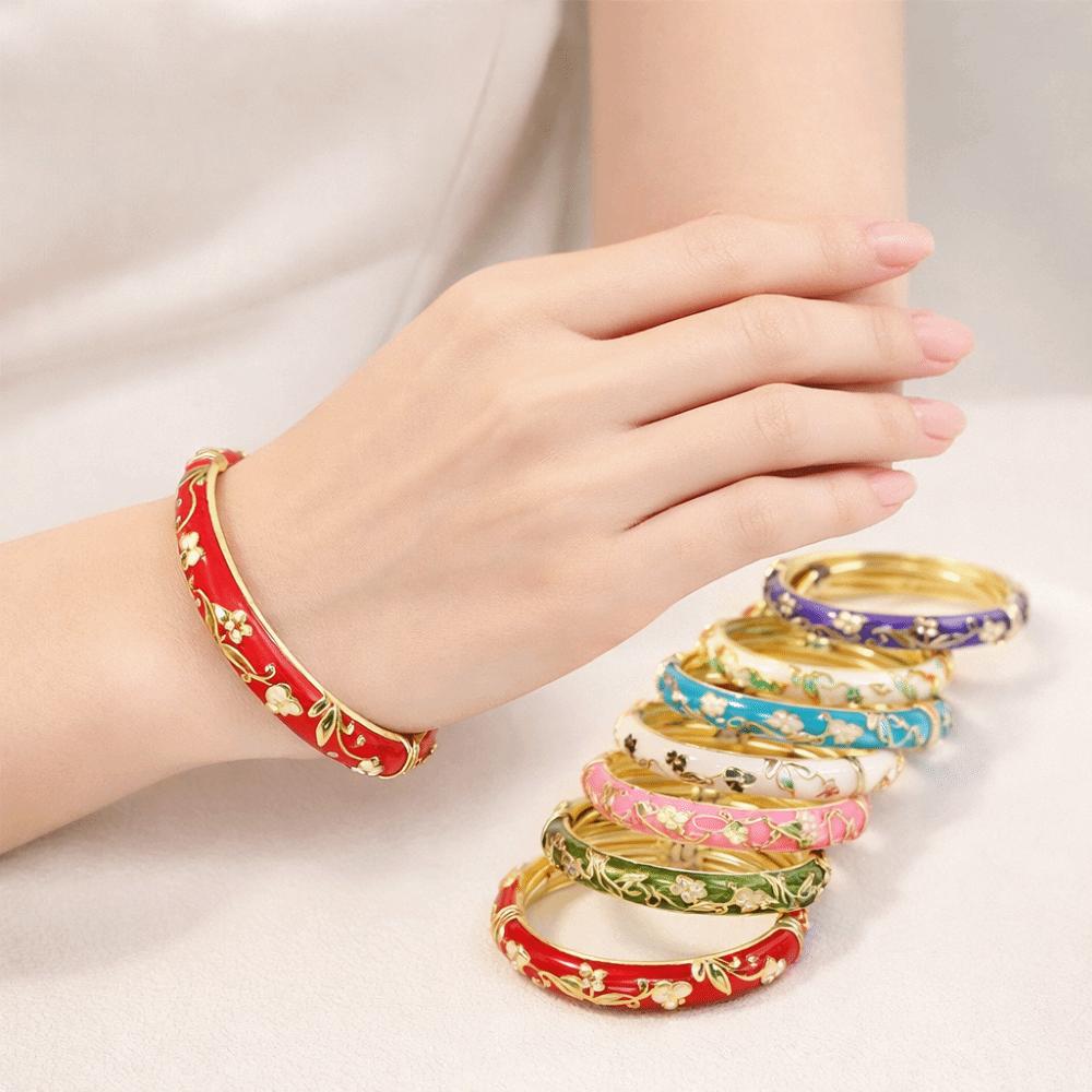 Elegant Cloisonne Bangle Rhinestone Retro Court Floral Bangle Charming Enamel Bracelet  Fashion