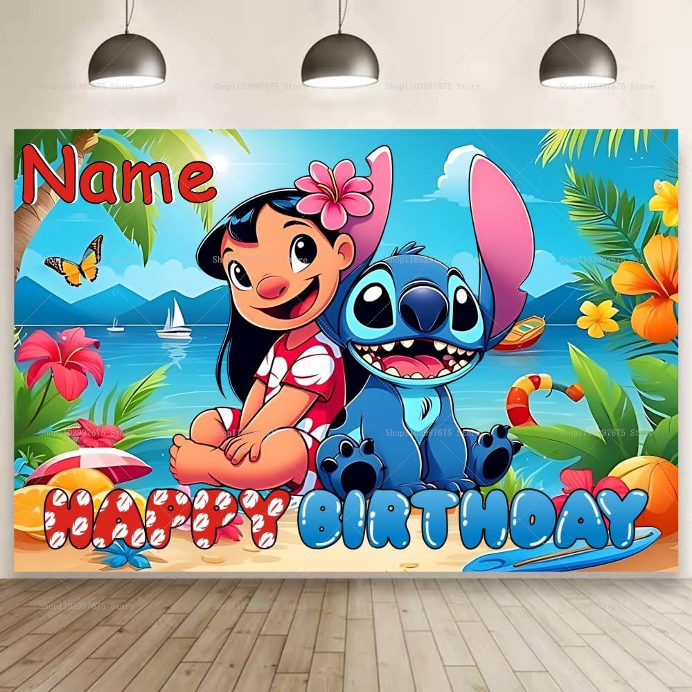 Lilo and Stitch Backgrounds for Children's Birthday Party Decoration, Tropical Flower Photo Background, Personalized Baby Shower Banner