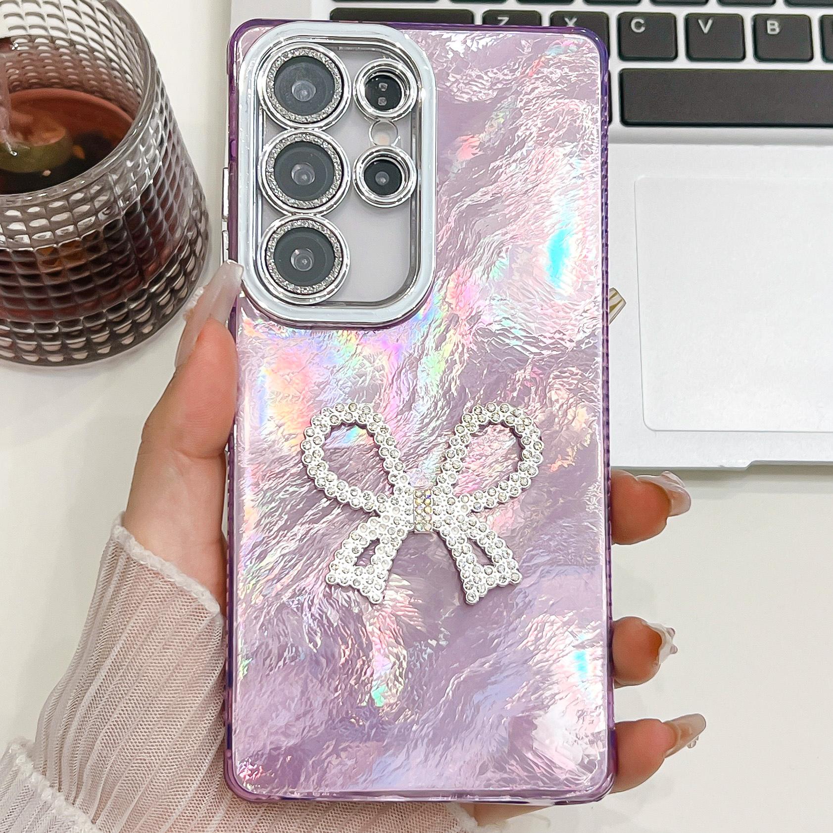 

For Samsung Galaxy S23 Ultra Case Big Bow Decor IMD PC+TPU Phone Cover with Glass Lens Film Feather Pattern/Purple