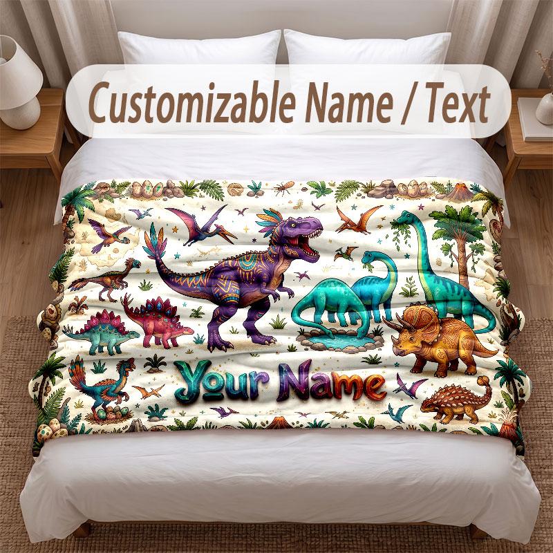 Dinosaur Theme Soft Blanket Personalized Custom Name Text Print Warm Blanket Home Sofa Bedroom Decor