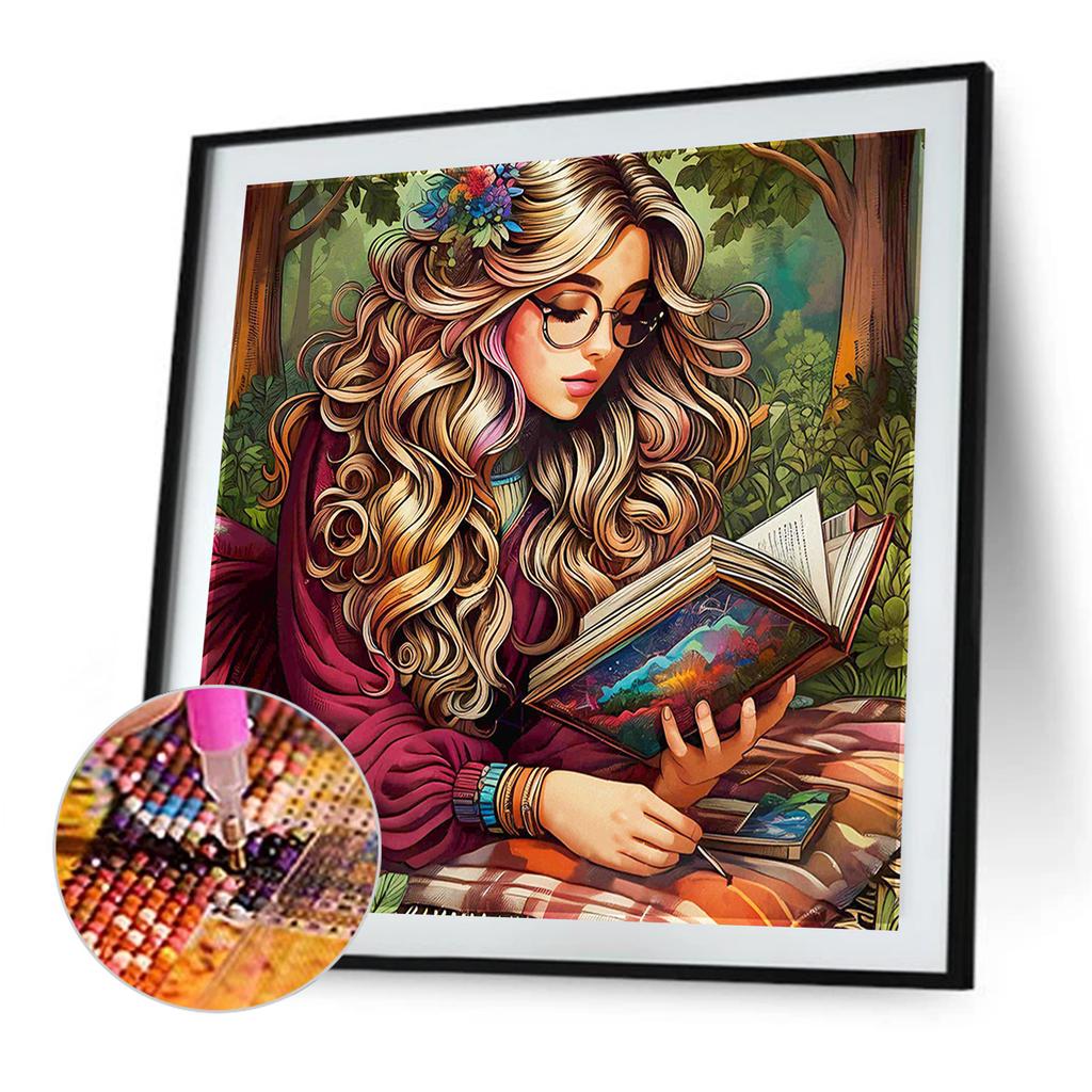 Reading Girl 5D DIY Full Square Drill Diamond Art Kit for Adults Beginners Home Decor Diamonds Paintings Gem Art 17.72x17.72in